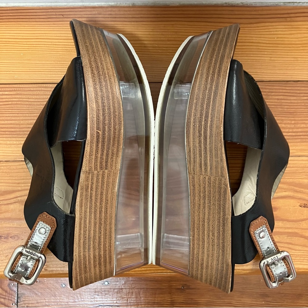 AGL Platform Wedge Lucite Clear Black Leather Criss Cross Sraps Buckle Italy 38 - Picture 4 of 15